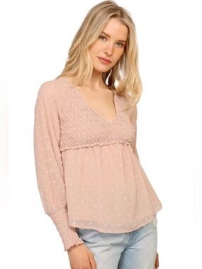 Lumiere Blush Pink Swiss Dot via neck Long Sleeve Smocked Top